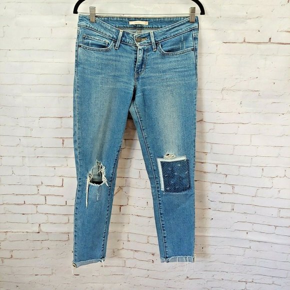Levi's Denim - Levis Jeans Womens 27 711 Skinny Patchwork Raw Hem Blue Ankle Length